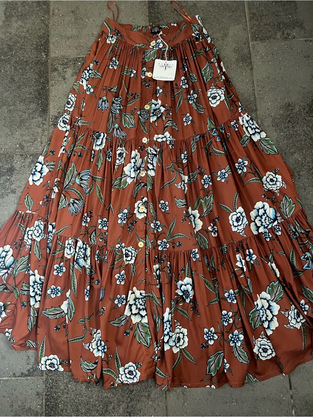 TAMGA Designs maxi skirt in brown floral 
featuring a tiered design. Size S. NWT